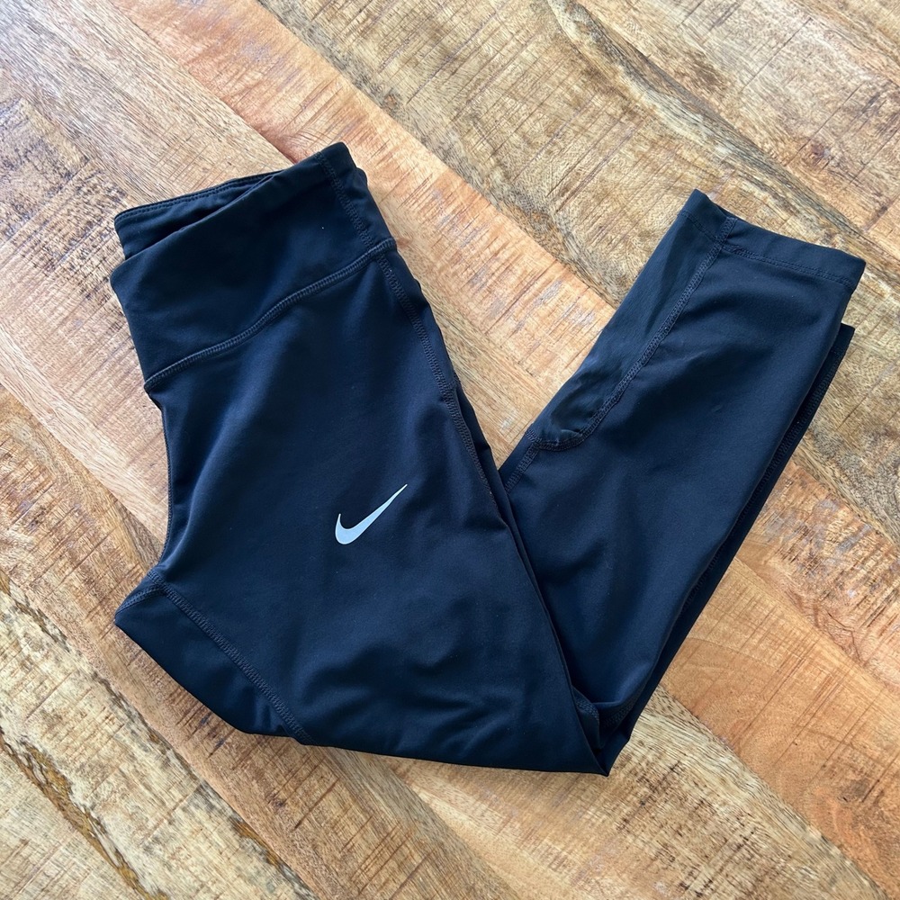 Nike Dri-FIT Womens Black Running Leggings Cropped Mesh Panel Zipper Pocket S